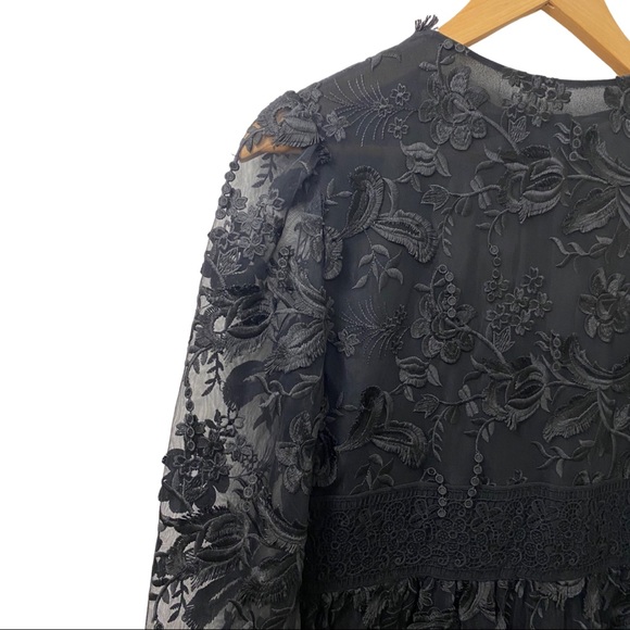 NEW Cynthia Rowley Harlow Tie Front Vneck Black Lace Midi Long Sleeve Woman’s 4 - Picture 10 of 13